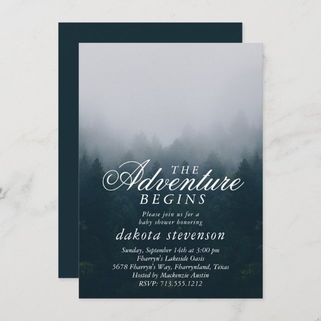 Adventure Begins | Smoky Forest Fog Baby Shower Invitation (Front/Back)