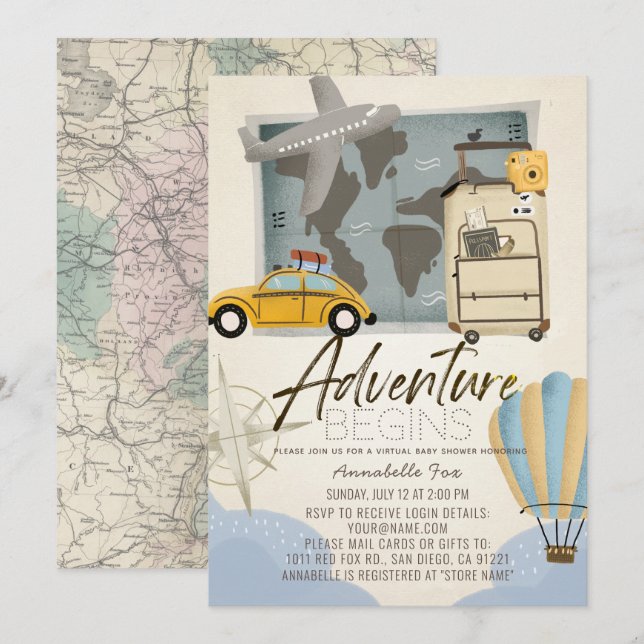 Adventure Begins Travel Map Virtual Baby Shower Invitation (Front/Back)