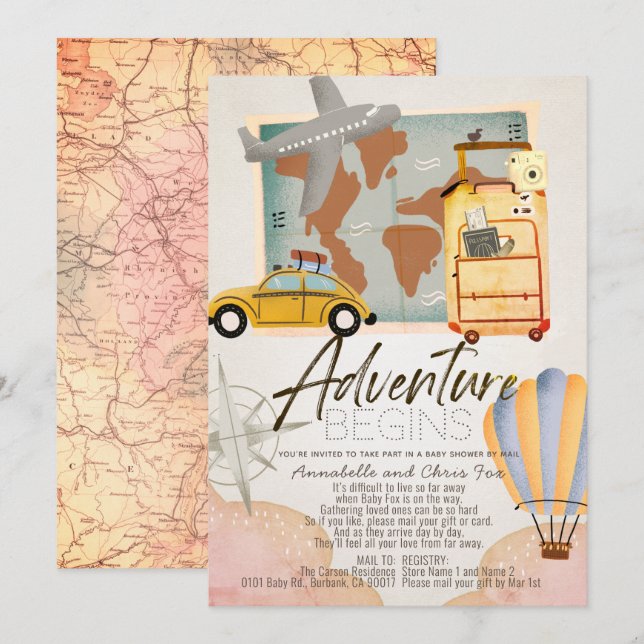 Adventure Begins Travel Pink Baby Shower by Mail Invitation (Front/Back)