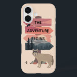 Adventure Begins Travel Sign Post Wilderness iPhone 16 Case<br><div class="desc">A lone wolf stands by a sign post promising adventure with the wilderness beyond. Symbolic modern art for adventurous travellers.</div>
