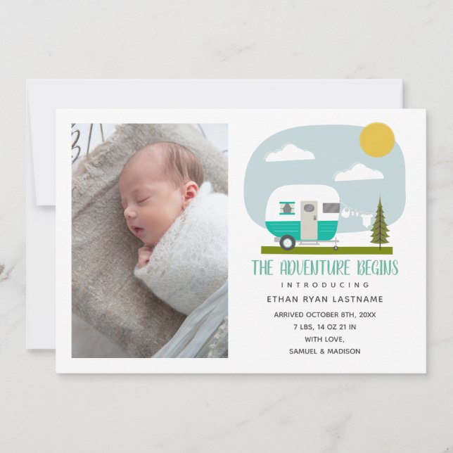 Adventure Begins Turquoise Camper Baby Birth Announcement (Front)