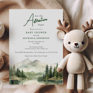 Adventure Begins Watercolor Mountains Baby Shower Invitation