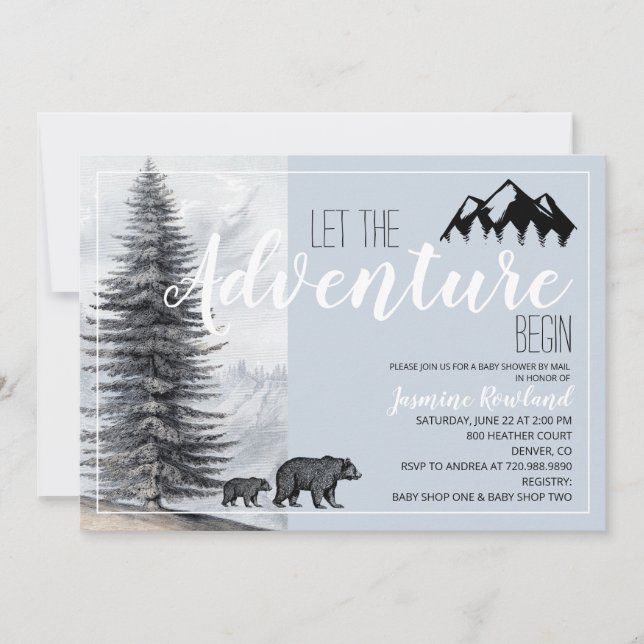 Adventure Begins Woodland Bear Baby Shower By Mail Invitation (Front)