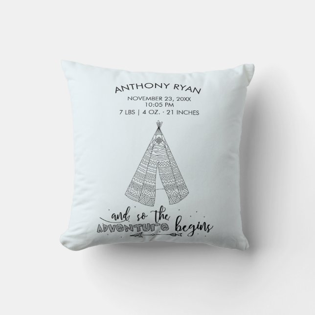 Adventure Begys Boys Baby Birth Stats Coussin (Recto)