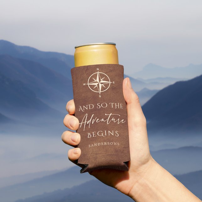Adventure Brown Leather Personalized Seltzer Can Cooler (Creator Uploaded)