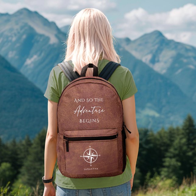 Adventure Brown Leather Travel Personalized Printed Backpack (Creator Uploaded)