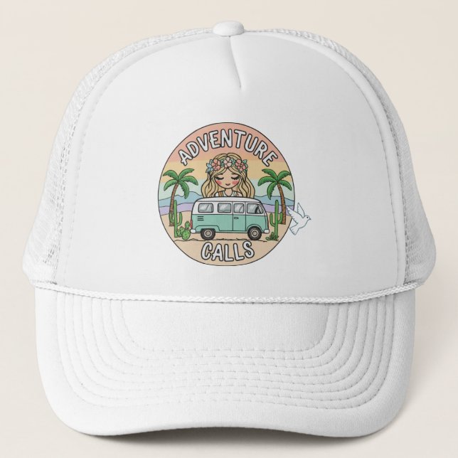 Adventure Calls Boho Camper Trucker Hat (Front)