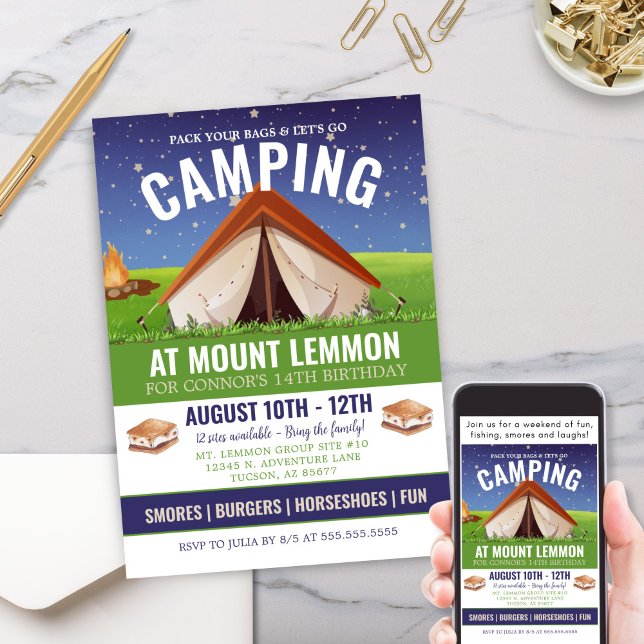 Adventure Camping Smores Camp Out Birthday Invitation (Camping Adventure Weekend Getaway Camp Out Invitation with Smores Starry Sky and Campfire)