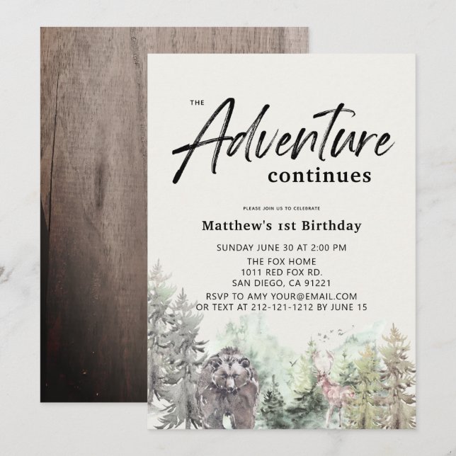 Adventure Continues Bear Mountain 1st Birthday Invitation (Front/Back)