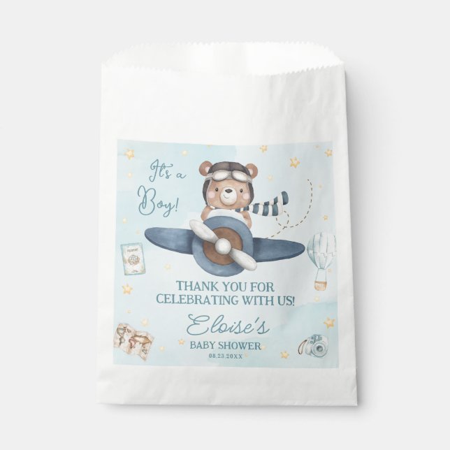 Adventure Cute Bear Blue Plane Oh Boy Baby Shower Favour Bag (Front)