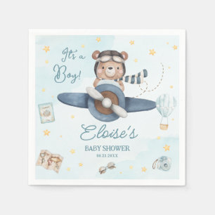 Adventure Cute Bear Blue Plane Oh Boy Baby Shower Napkin