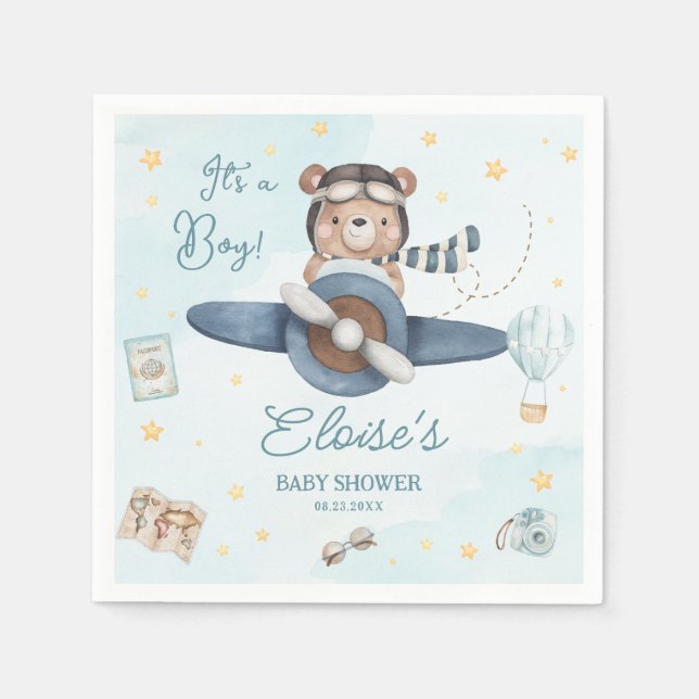 Adventure Cute Bear Blue Plane Oh Boy Baby Shower Napkin (Front)