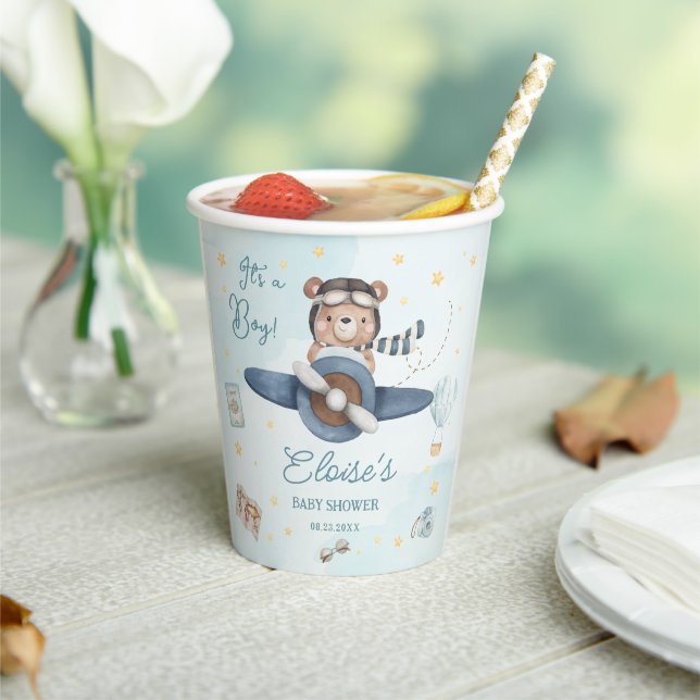 Adventure Cute Bear Blue Plane Oh Boy Baby Shower Paper Cups (Insitu)