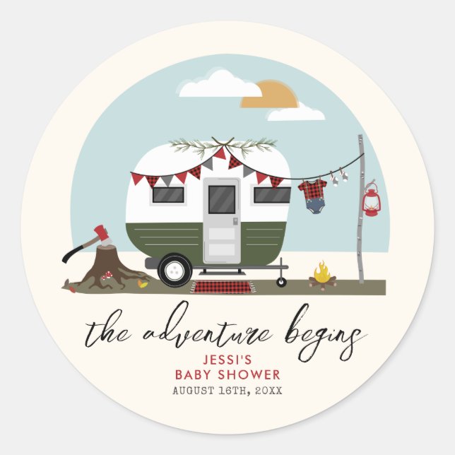 Adventure Green Camper Lumberjack Baby Shower Classic Round Sticker (Front)