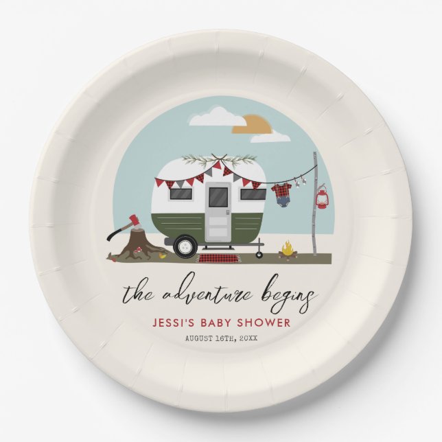Adventure Green Camper Lumberjack Baby Shower Paper Plate (Front)