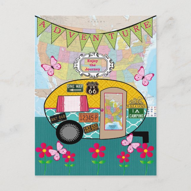 Adventure Happy Camper RV Retro Carte postale (Devant)