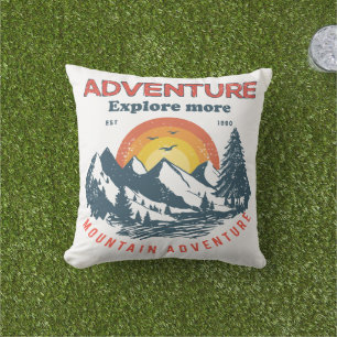 Adventure Horizon: Retro Mountain Expedition Outdoor Pillow