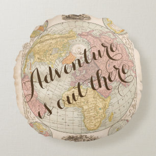 Adventure is out there quote vintage map travel round pillow