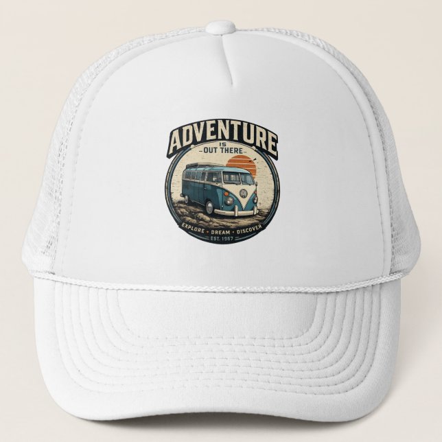 Adventure Is Out There – Retro Camper Van Graphic  Trucker Hat (Front)