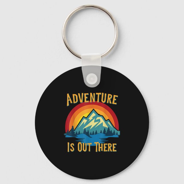Adventure is Out There Retro Sunset Mountains Keychain (Front)
