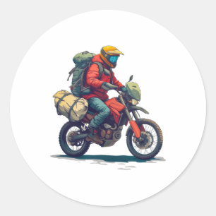 Adventure Motorcycle Rider With Camping Gear Classic Round Sticker