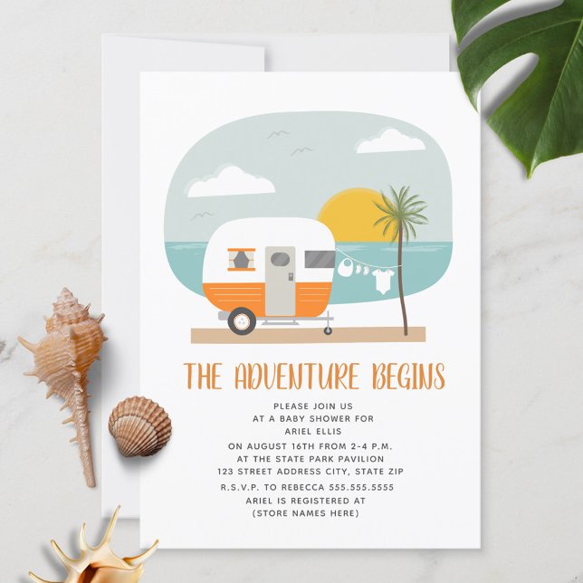 Adventure Orange Camper Beach Girl Baby Shower Invitation (Creator Uploaded)