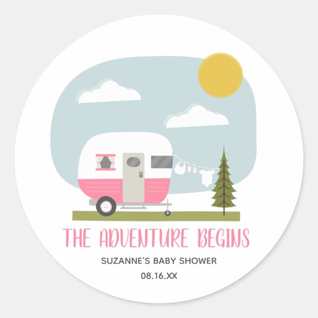 Adventure Pink Camper Clothesline Baby Shower Classic Round Sticker (Front)