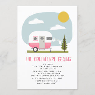 Adventure Pink Camper Clothesline Baby Shower Invitation