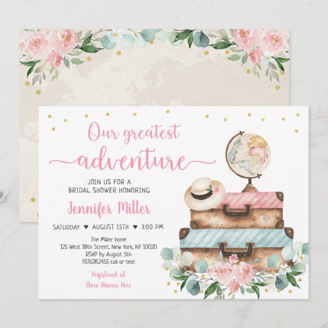 Adventure Pink Floral Travel Bridal Shower Invitation (Front/Back)