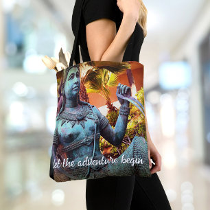 "Adventure" quote turquoise warrior statue photo Tote Bag