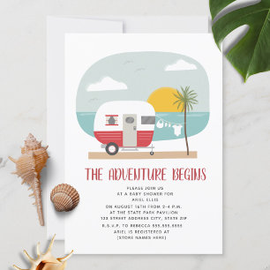 Adventure Red Camper Beach Neutral Baby Shower Invitation