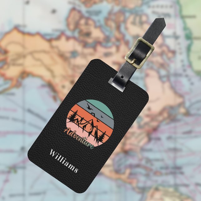 Adventure retro mountains black leather texture luggage tag (Creator Uploaded)