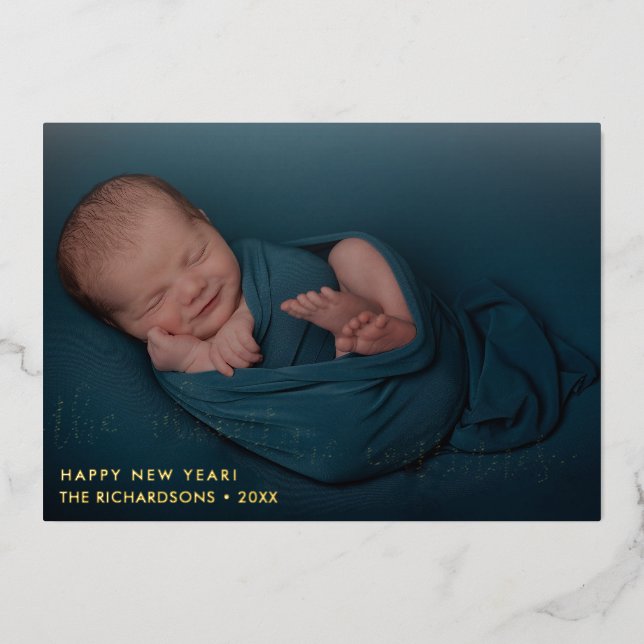 Adventure Script New Year Photo Foil Holiday Card (Front)