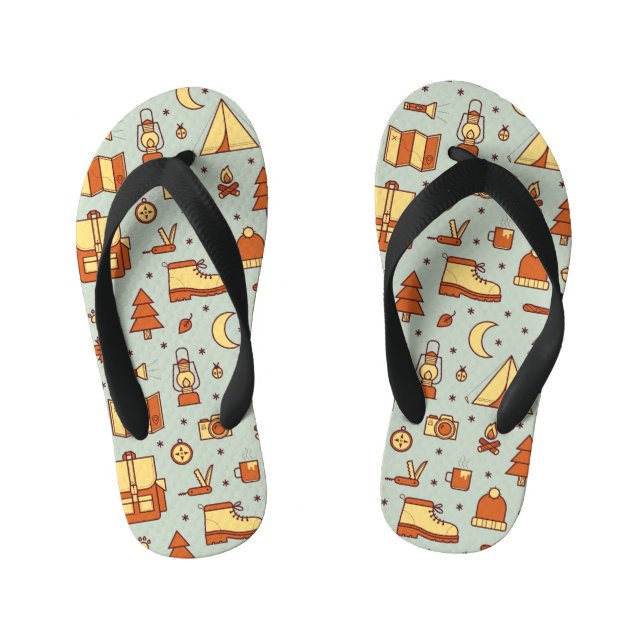 Adventure travel icons, seamless pattern. kid's flip flops (Footbed)