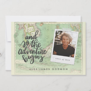 Adventure travel vintage map photo graduation announcement
