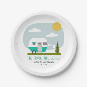 Adventure Turquoise Retro Camper Baby Shower Paper Plate
