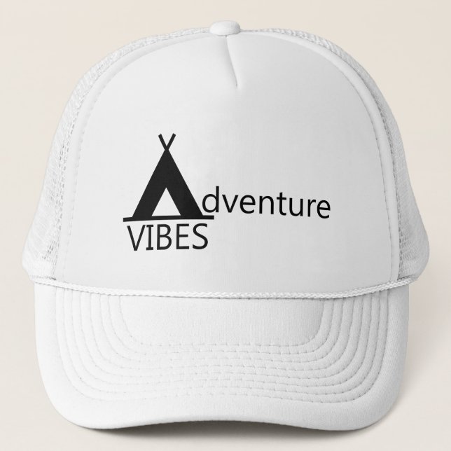 Adventure Vibes Camping Tent Logo Typography Trucker Hat (Front)