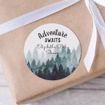 Adventure Watercolor Rustic Forest Baby Shower  Classic Round Sticker<br><div class="desc">watercolor painted rustic forest "adventure awaits" baby shower stickers. Customizable!</div>