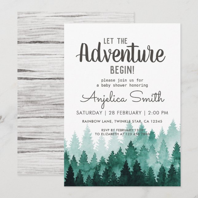 Adventure Watercolor Rustic Woodland Baby Shower  Invitation (Front/Back)