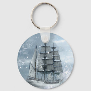 adventure winter snow storm vintage pirate ship keychain