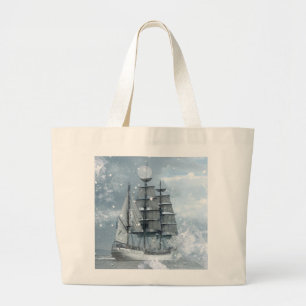adventure winter snow storm vintage pirate ship large tote bag