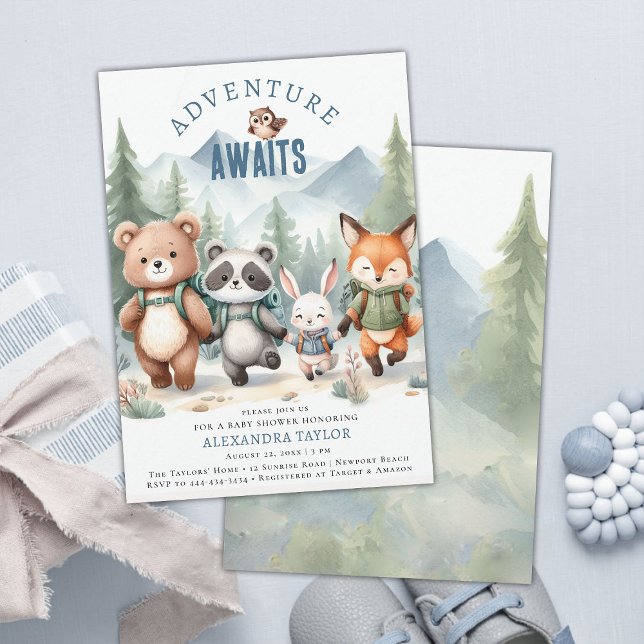 Adventure Woodland Animals Hiking Boy Baby Shower Invitation (woodland boy baby shower invitation adventure mountain forest cute animals hiking watercolor)
