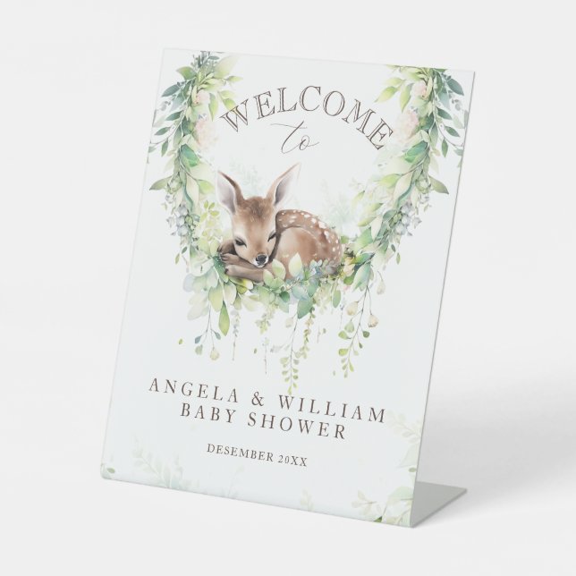 Adventure Woodland Deer Baby Shower Welcome  Pedestal Sign (Front)