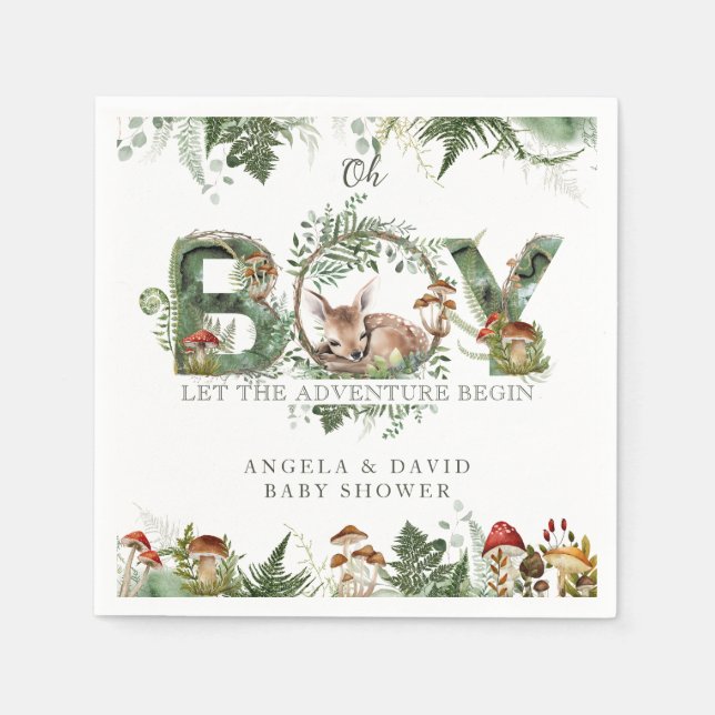 Adventure Woodland Mushroom Fern Baby Boy Shower Napkin (Front)