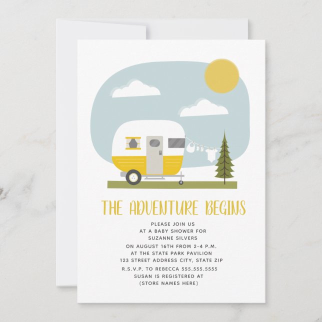 Adventure Yellow Camper Clothesline Baby Shower Invitation (Front)