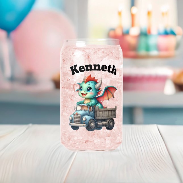 Adventurous baby dragon driving a blue truck can glass (Insitu (Baby Shower))