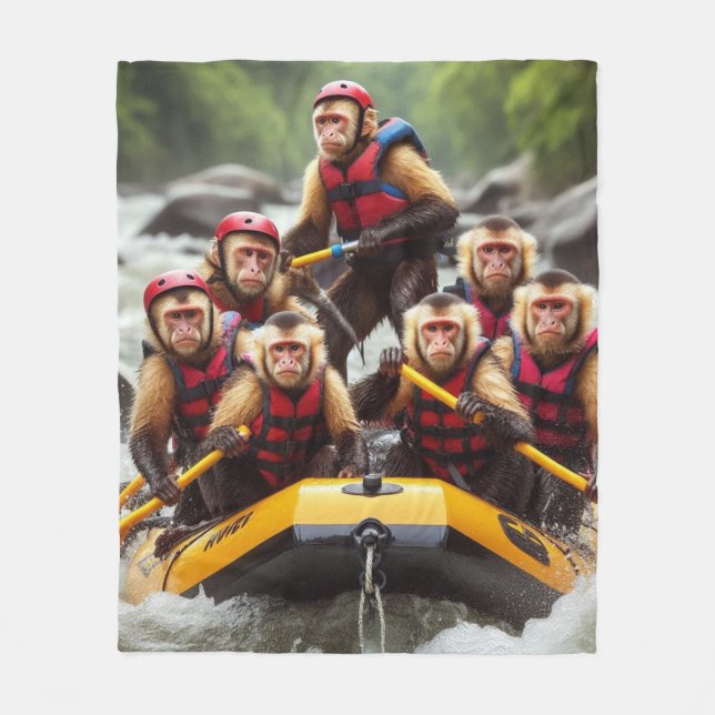 Adventurous Capuchin Monkeys Whitewater Rafting Fleece Blanket (Front)