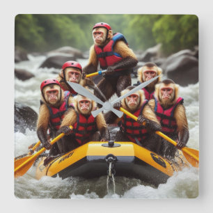 Adventurous Capuchin Monkeys Whitewater Rafting Square Wall Clock