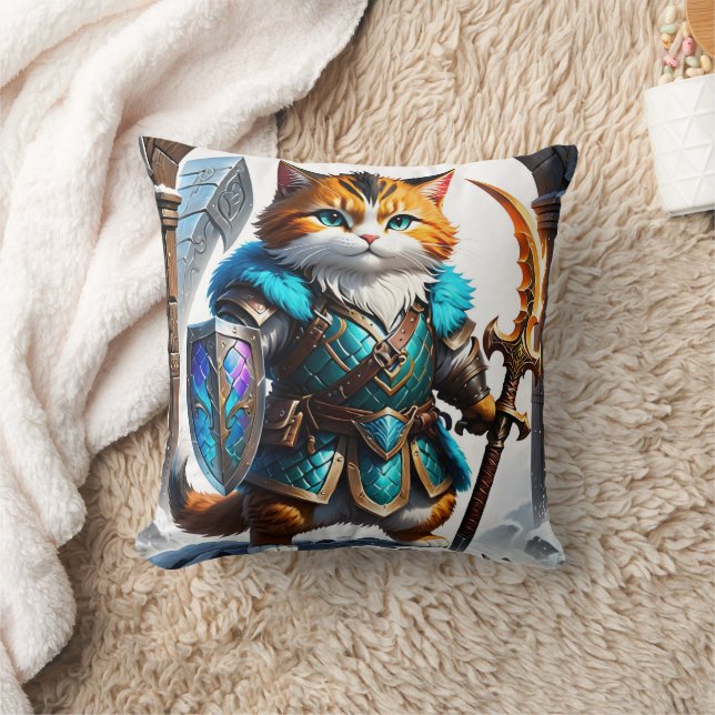 Adventurous Cat Warrior in Magical Armour Throw Pillow (Blanket)