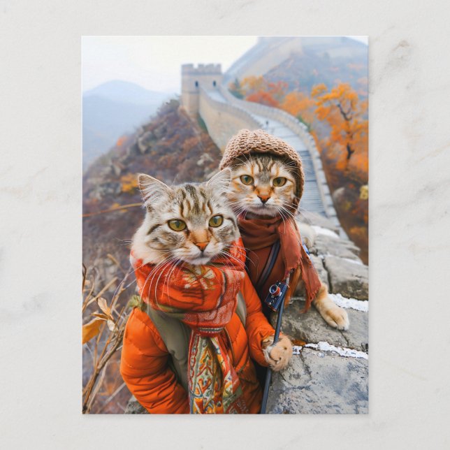 Adventurous Cats on the Great Wall Holiday Postcard (Front)